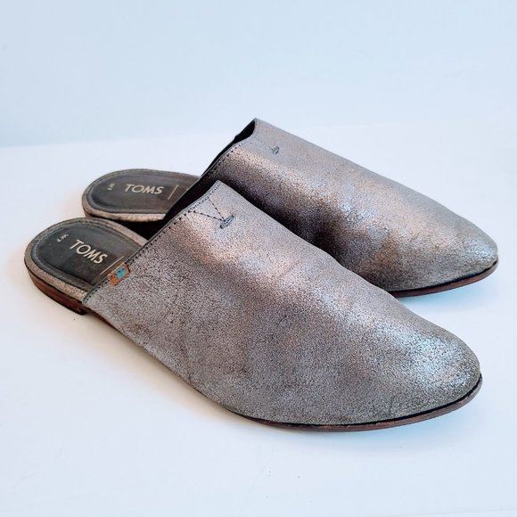 Toms Jutti Pewter Metallic Silver Leather Slip On Almond Toe Mule Slides Size 7 - Picture 4 of 10
